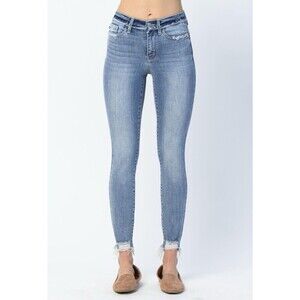 Judy Blue Women 29 Jeans Mid Rise Release Waistband Skinny Stretch Raw Hem Denim